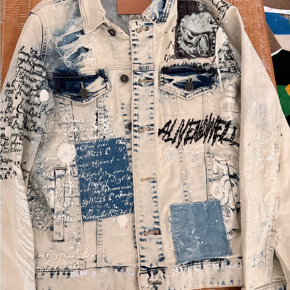 Men's Blue Patchwork Denim Shirt Jacket Small Size (S)